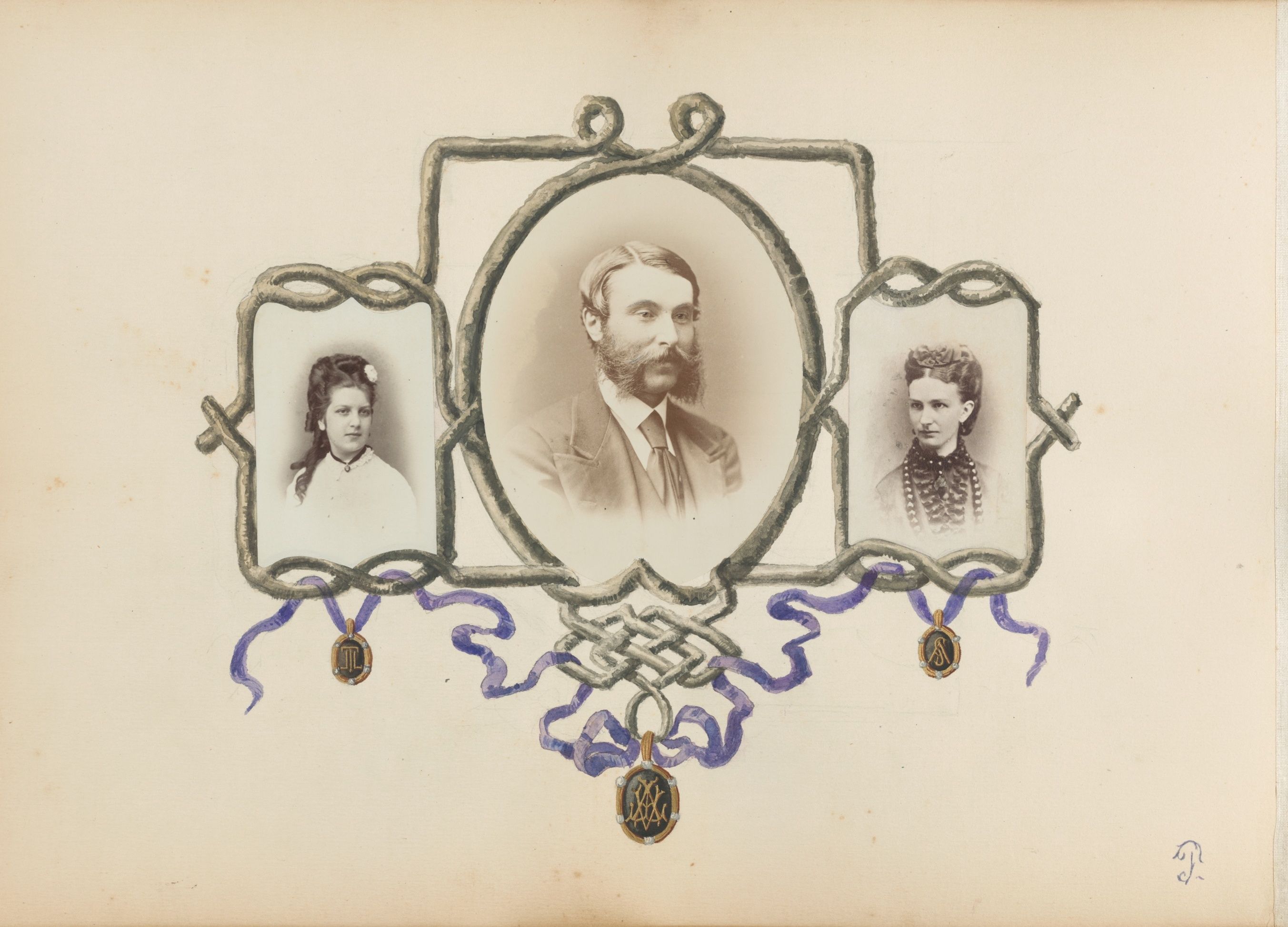 A vintage sepia-toned photograph featuring three portraits arranged within an ornate, hand-drawn frame.