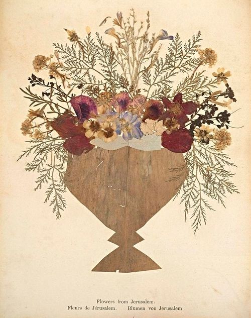 A vintage-style pressed flower arrangement in the shape of a vase, with delicate dried flowers in shades of yellow, purple, white, and reddish-brown. The text at the bottom reads 'Flowers from Jerusalem', 'Fleurs de Jérusalem', and 'Blumen von Jerusalem'.