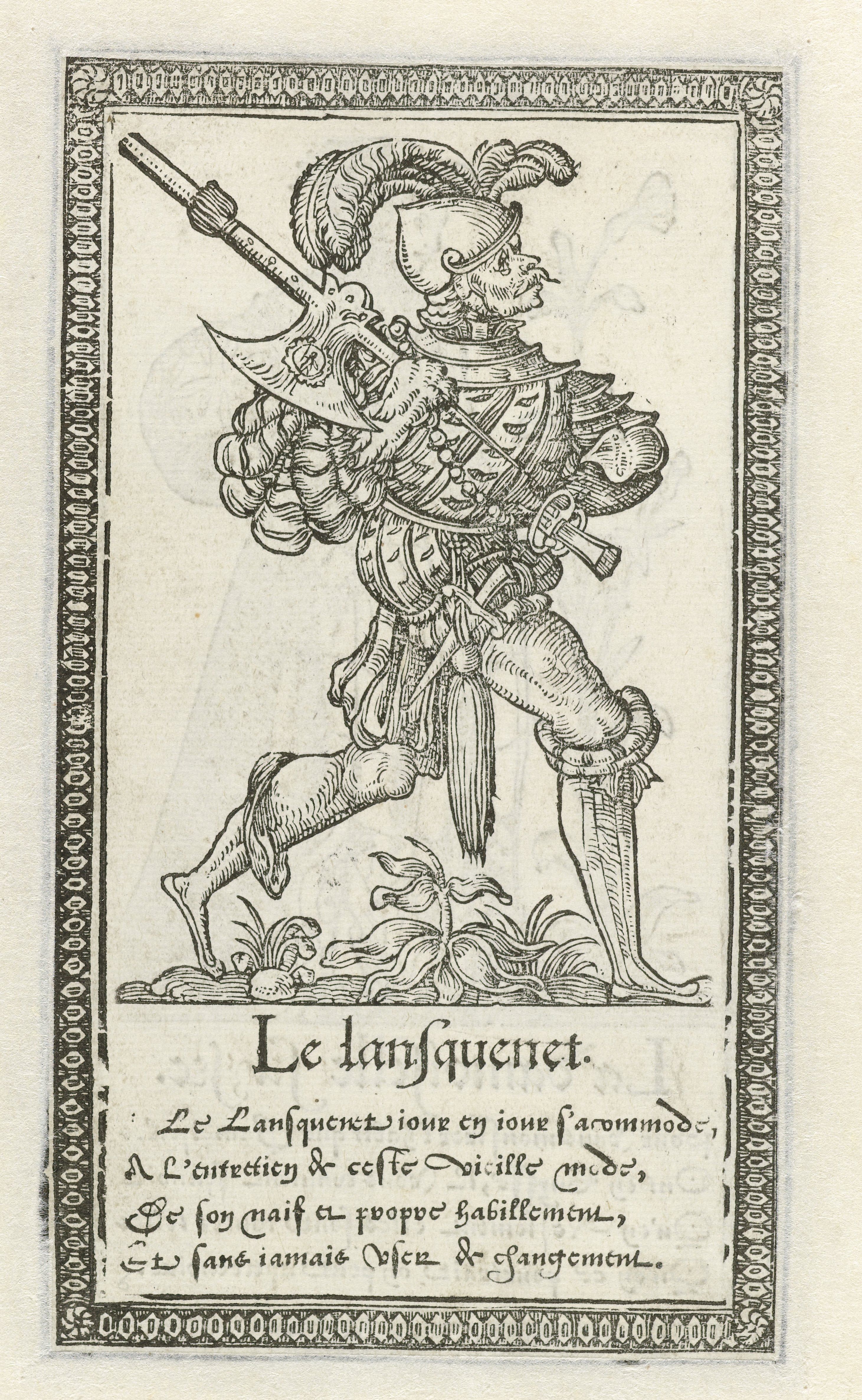 A black and white woodcut print depicting a lansquenet (soldier) on horseback in full armor, wielding a sword. The image is framed by a decorative border and accompanied by text in an old-style font.