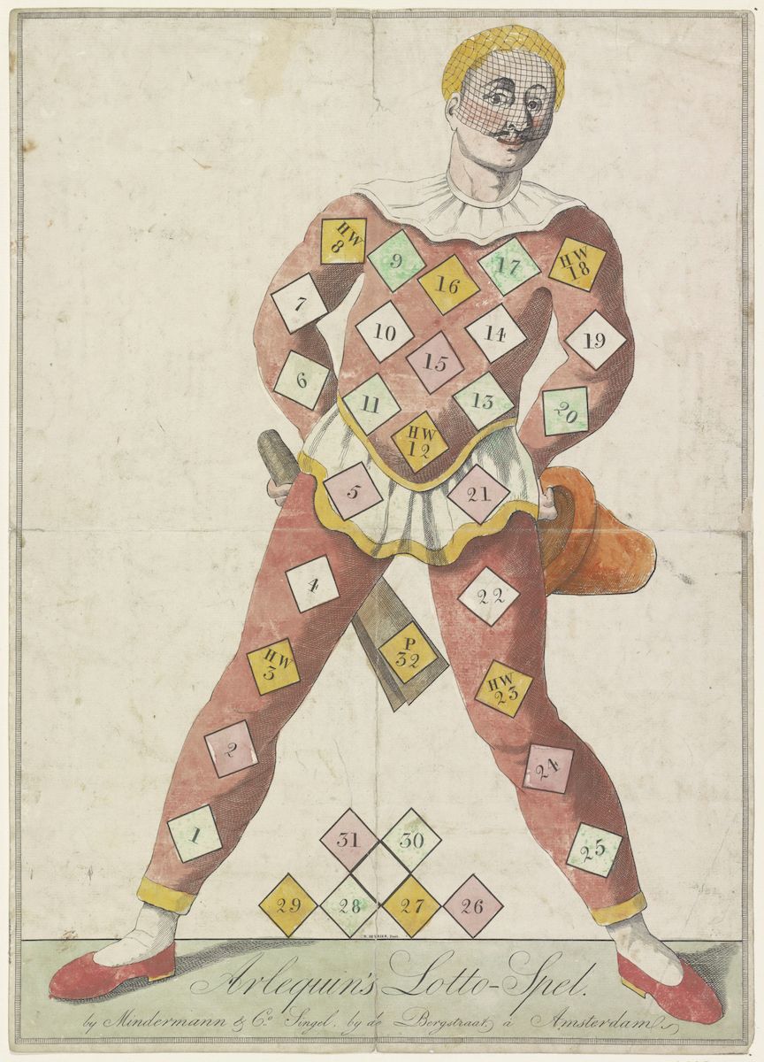 Antique illustration of a Harlequin character in a numbered patchwork costume.