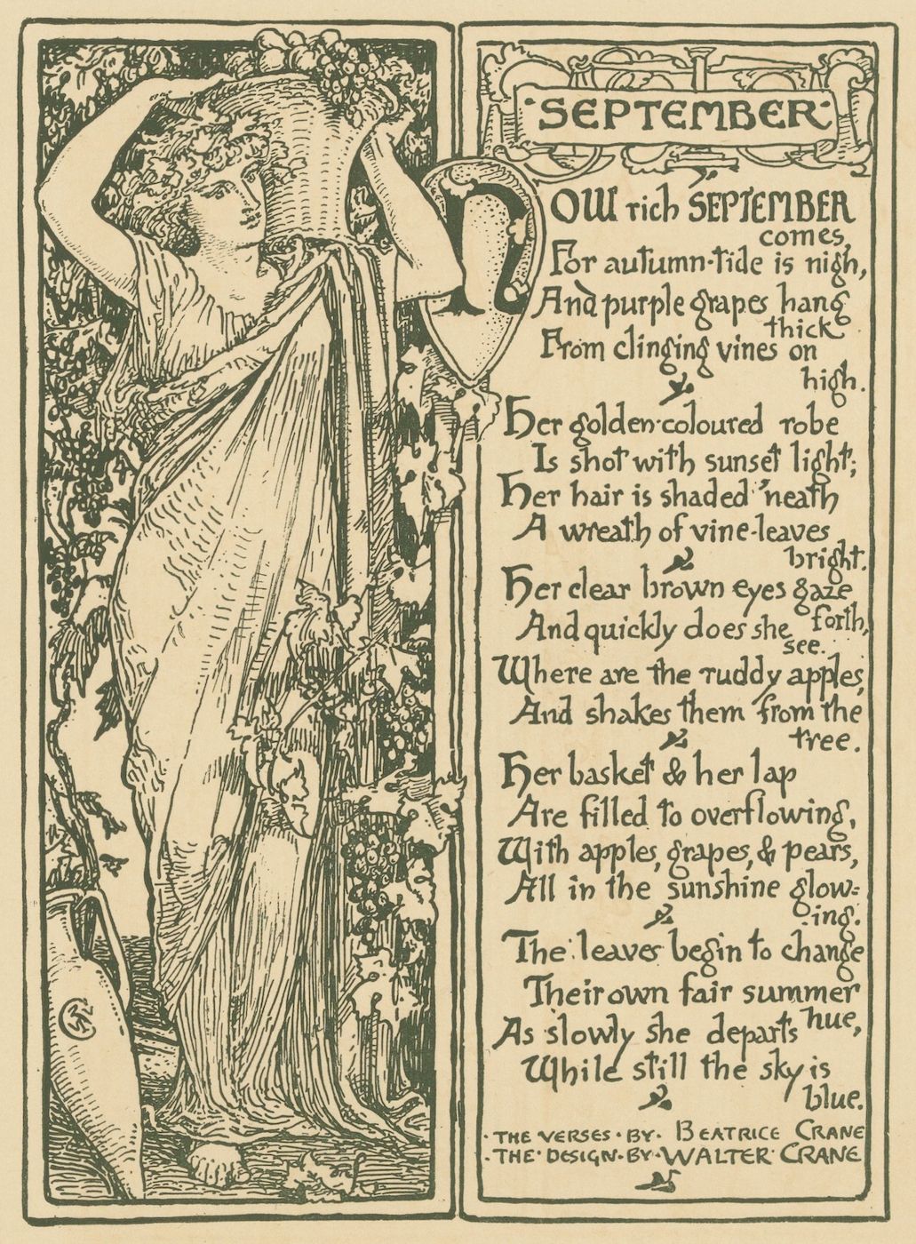 Vintage illustration of September, a woman holding a basket of fruit surrounded by vines and leaves, with a poem to the right.