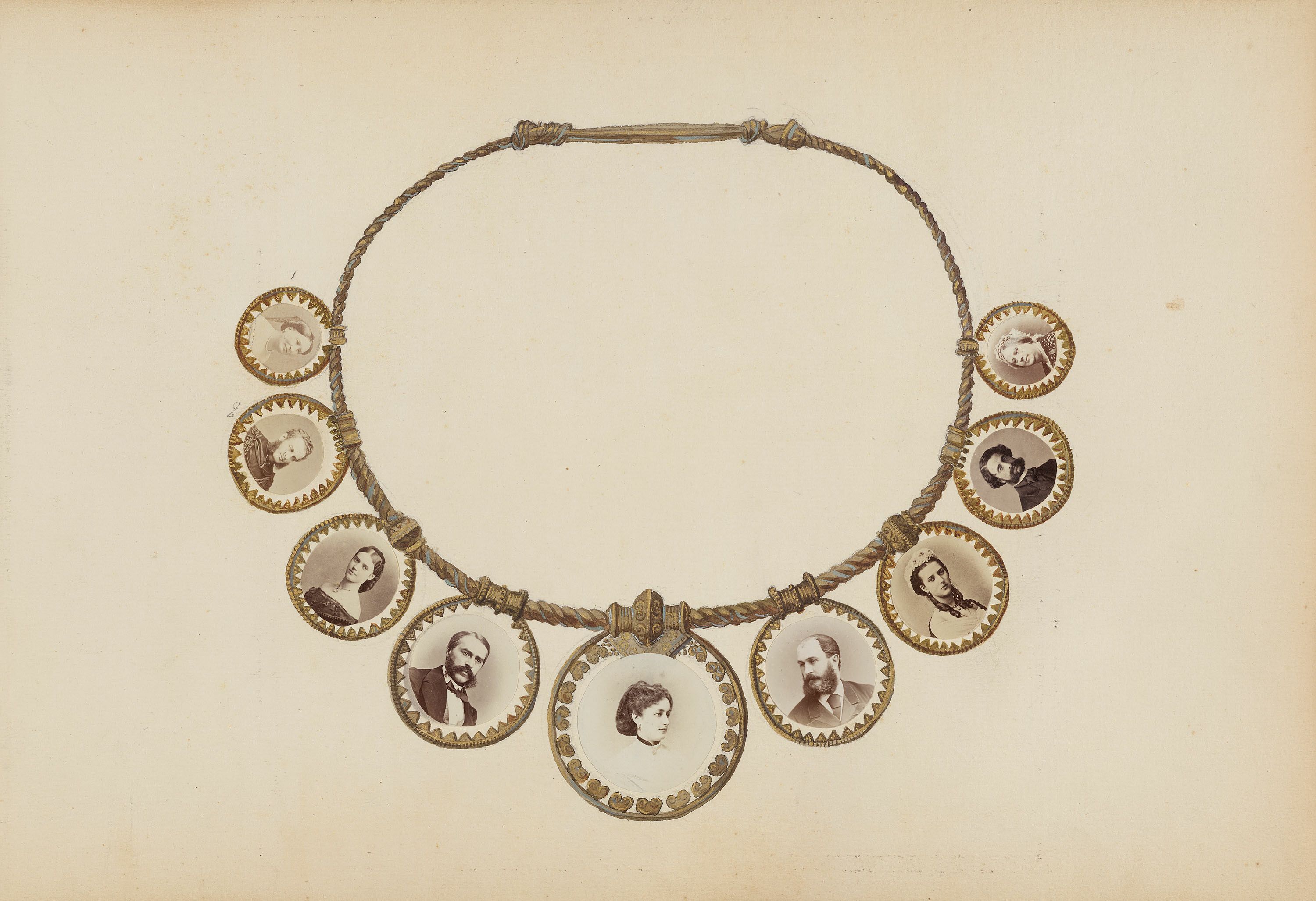 A vintage necklace with oval portraits of individuals.