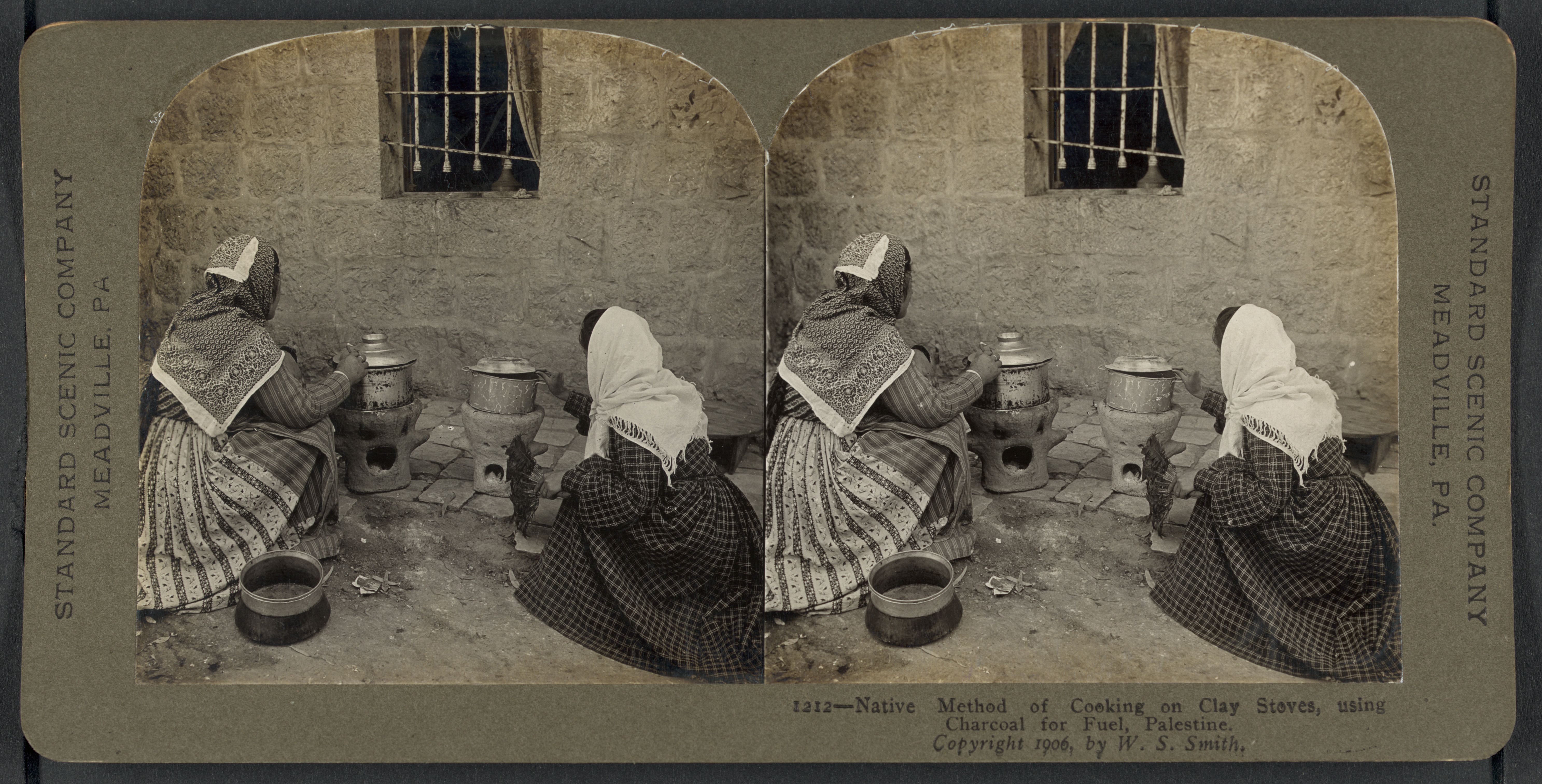 Stereoscopic photograph of three women cooking on clay stoves in Palestine, 1906.