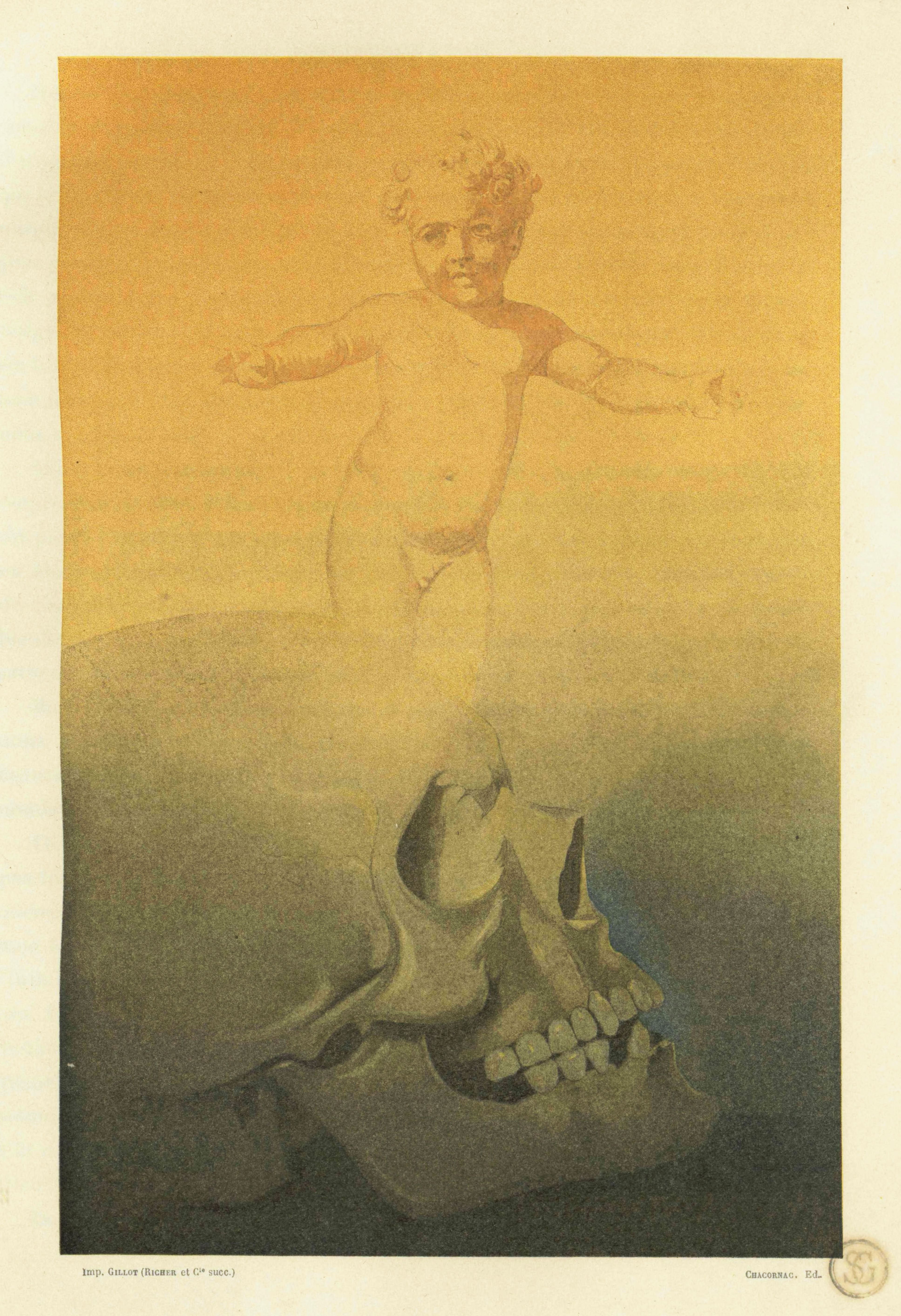 Vintage lithograph of a nude figure above a flaming skull.