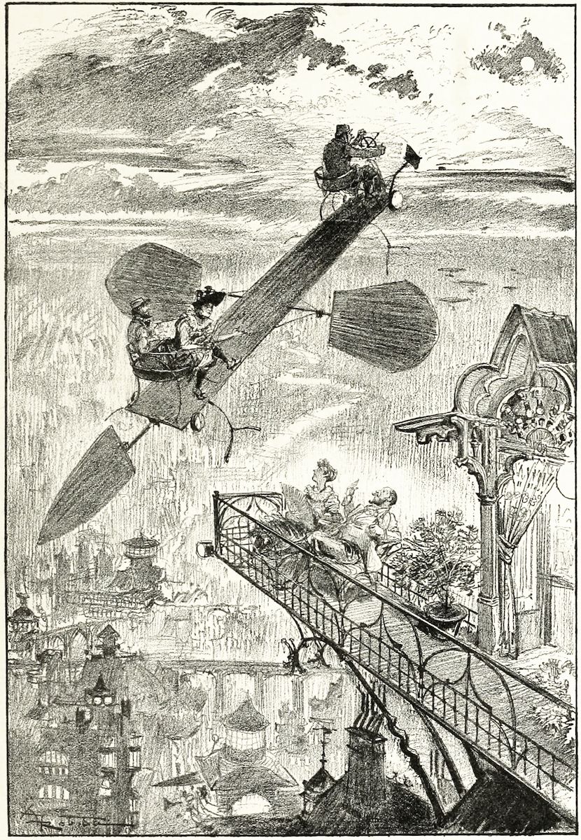 A detailed black and white illustration of a steampunk cityscape with an airship flying over ornate buildings and a metal bridge.