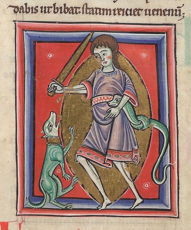 Medieval manuscript illumination of a saint battling a dragon.