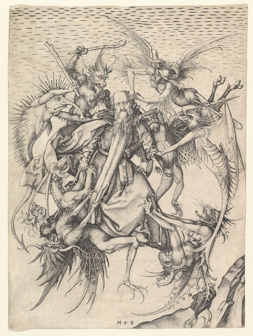 A black and white engraving depicting Saint George on horseback battling a dragon and its monstrous offspring.