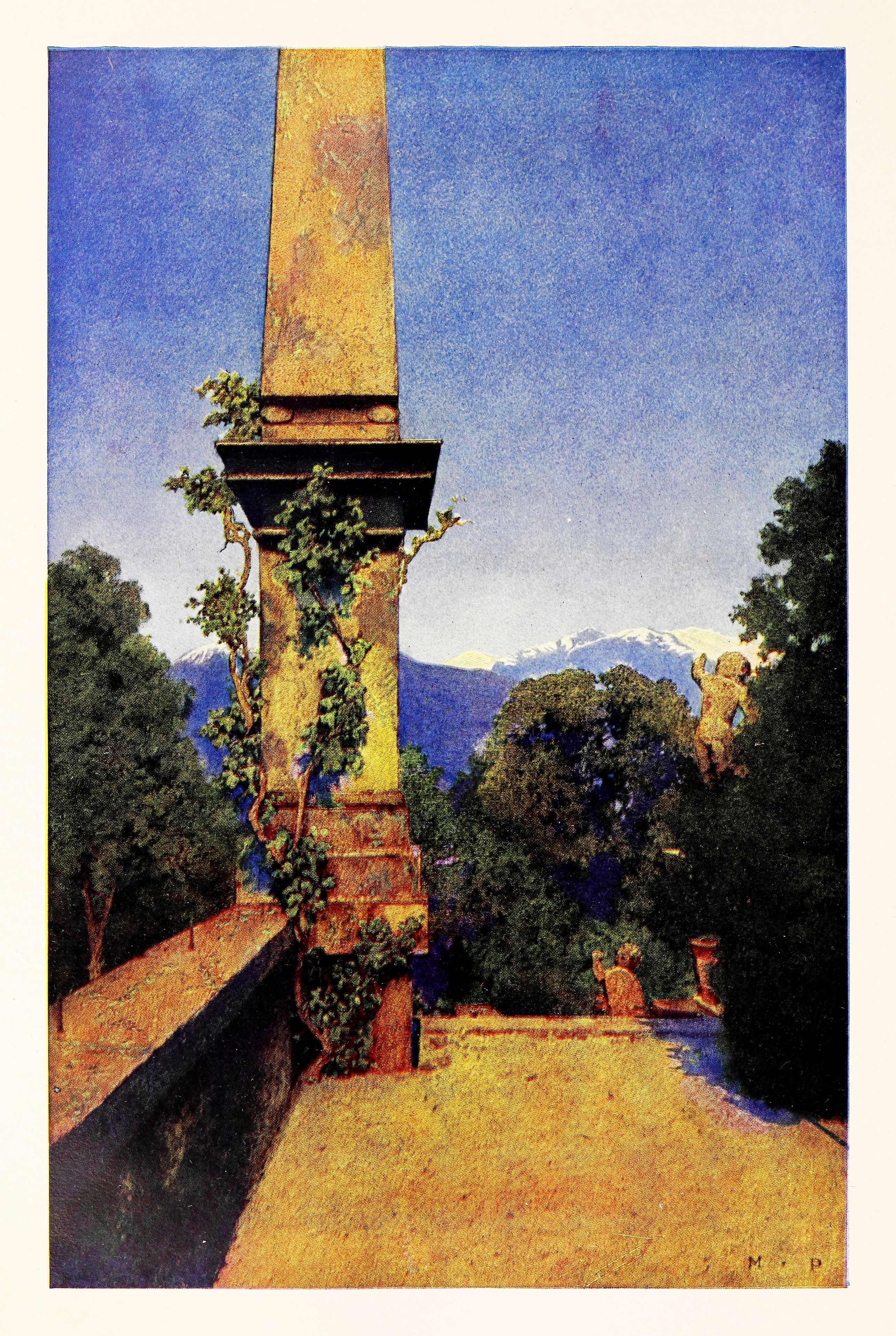 A classical garden scene with a golden obelisk, lush trees, and distant mountains.