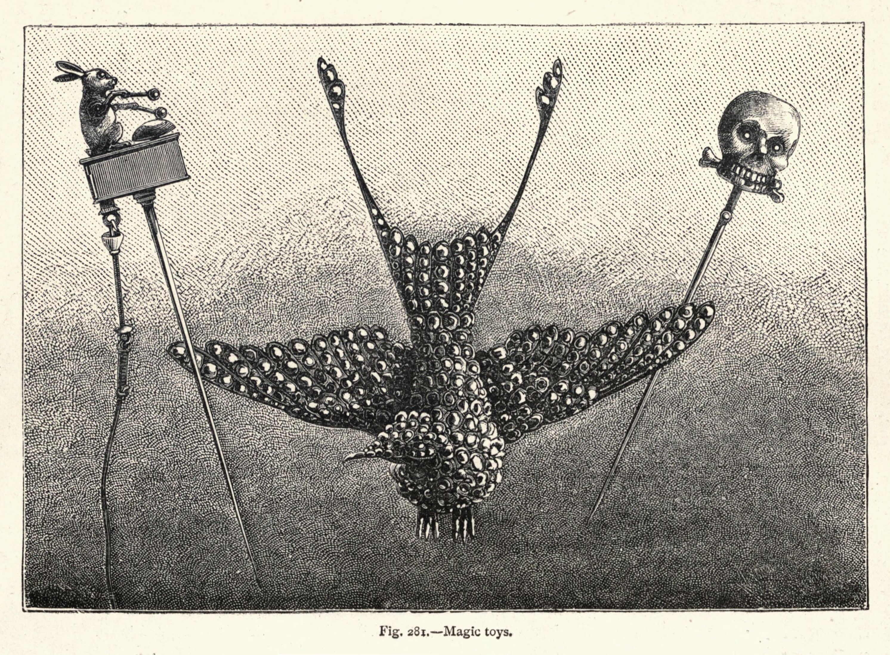 Vintage illustration of magic toys featuring a bird-like structure with a rabbit and skull on rods.