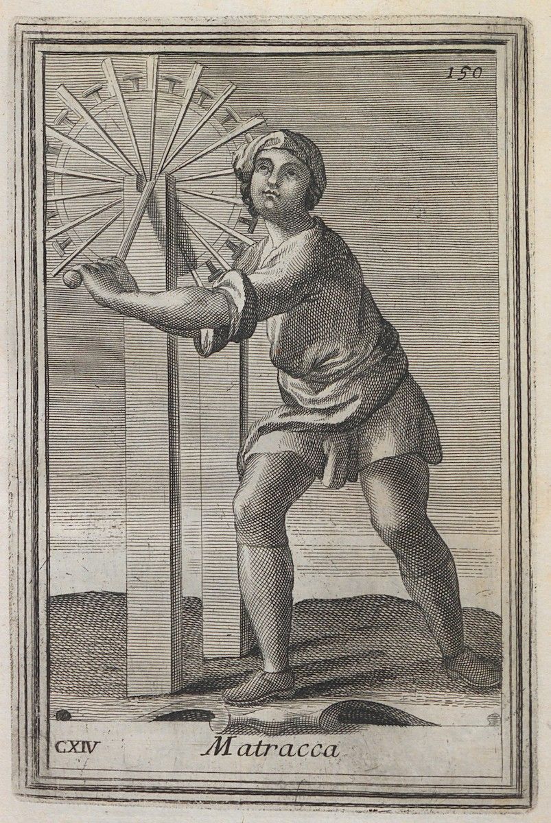 A black and white engraving of a man operating a complex structure with radiating arms. The man is bending at the waist and reaching upwards with his right arm, while his left leg is bent and forward. Below the structure is a dark, textured ground. The word 'Matracca' is written at the bottom of the image.