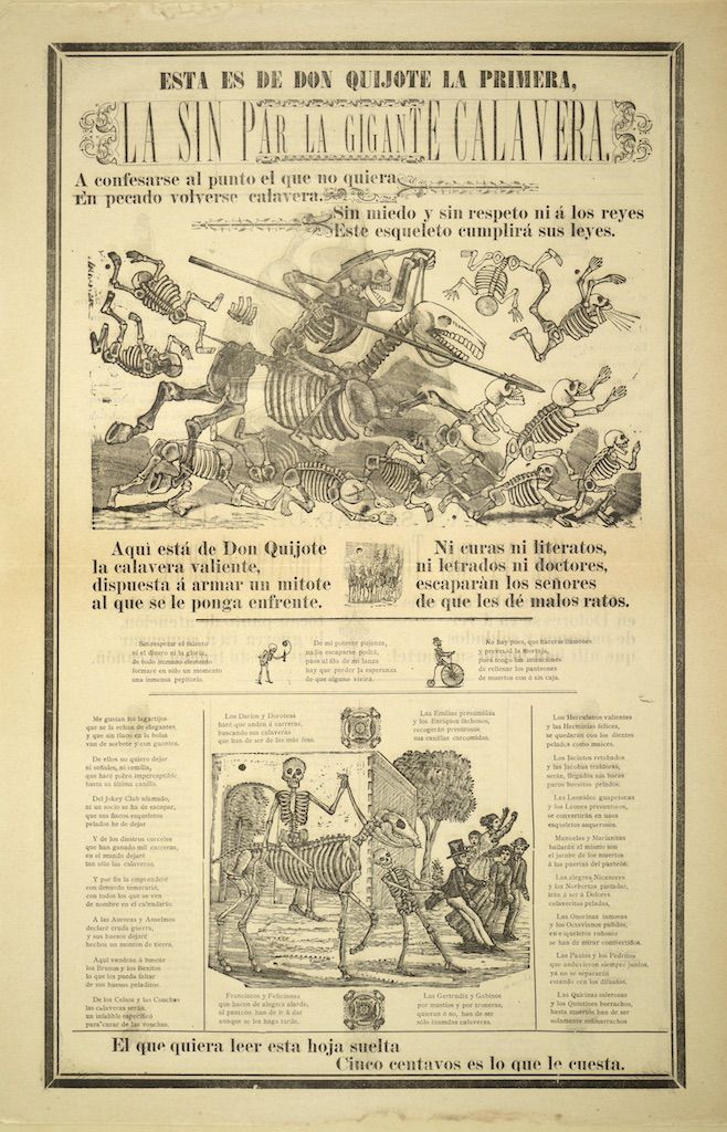A vintage print or sheet featuring a series of illustrations centered around skeletons and the theme of Don Quixote.