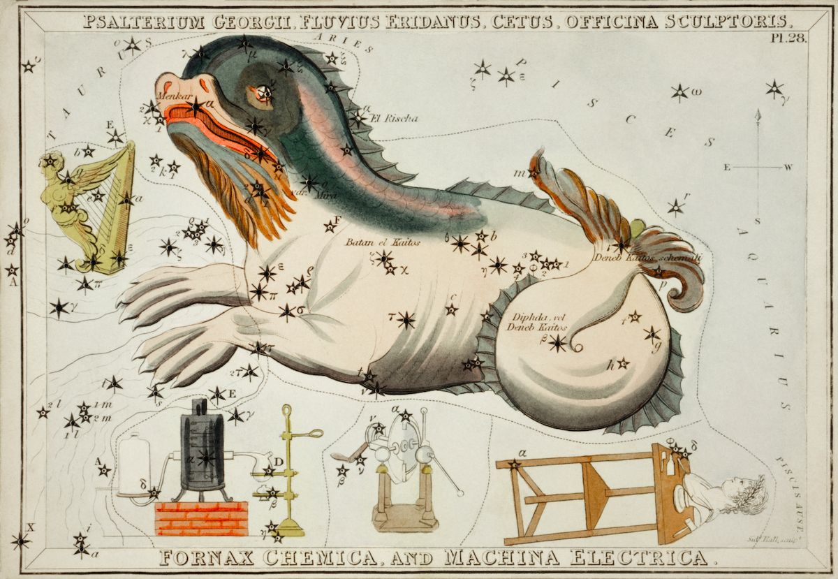 Vintage astronomical illustration of a whale constellation with diagrams of a chemical furnace and electrical machine.