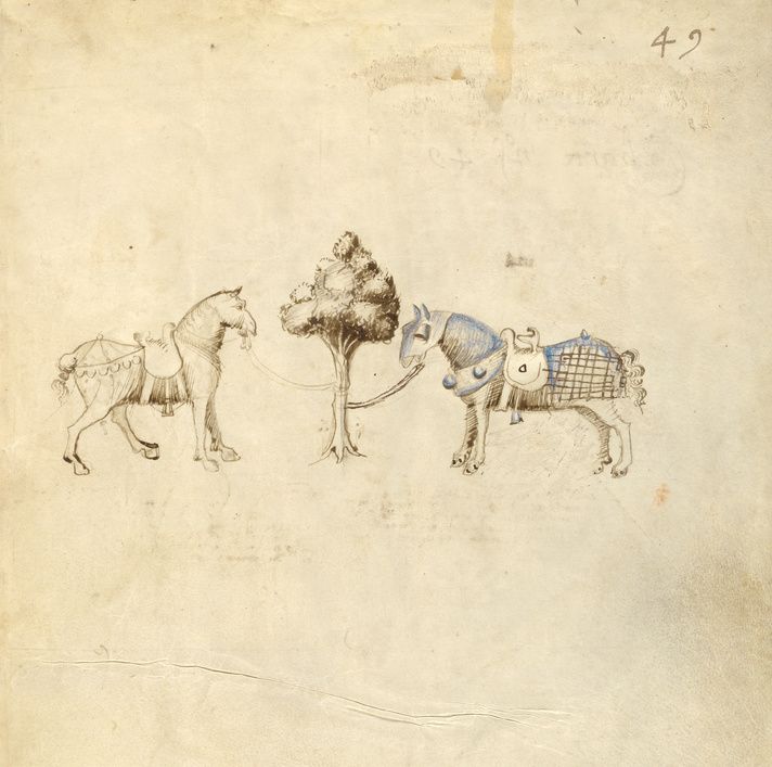 Vintage sketch of a horse and elephant harnessed together, with a tree in between, on aged paper.