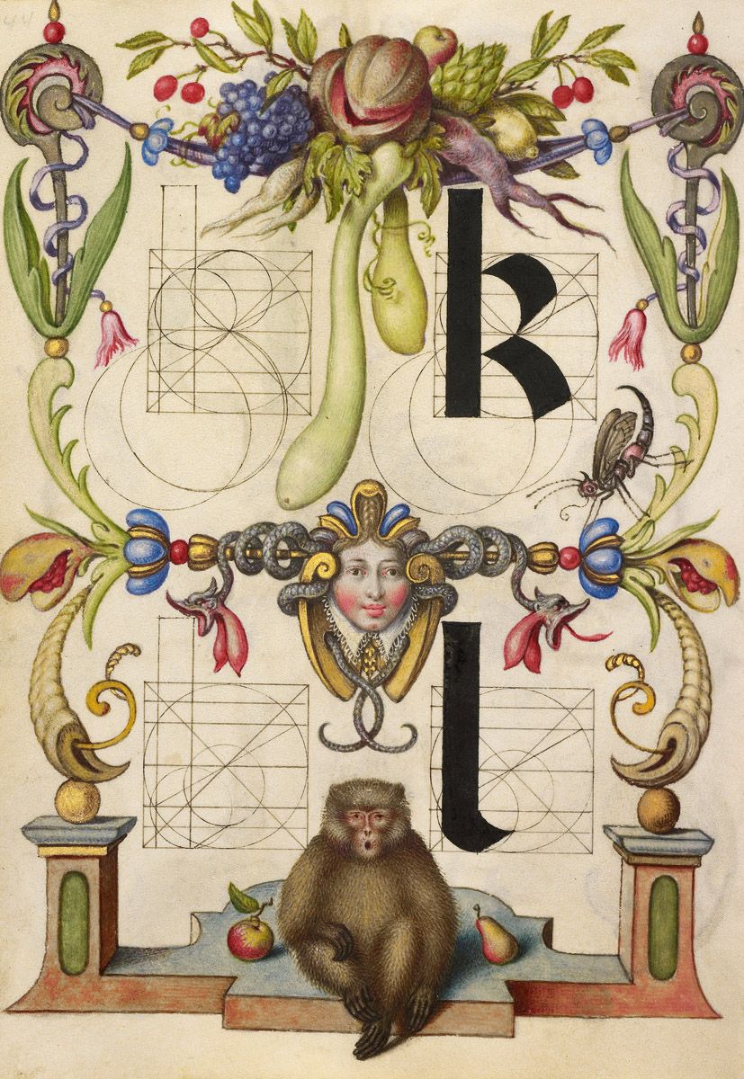 An ornate illustration featuring the letters 'k' and 'l' adorned with fruits, vegetables, a portrait, and a monkey, all within a complex decorative design.