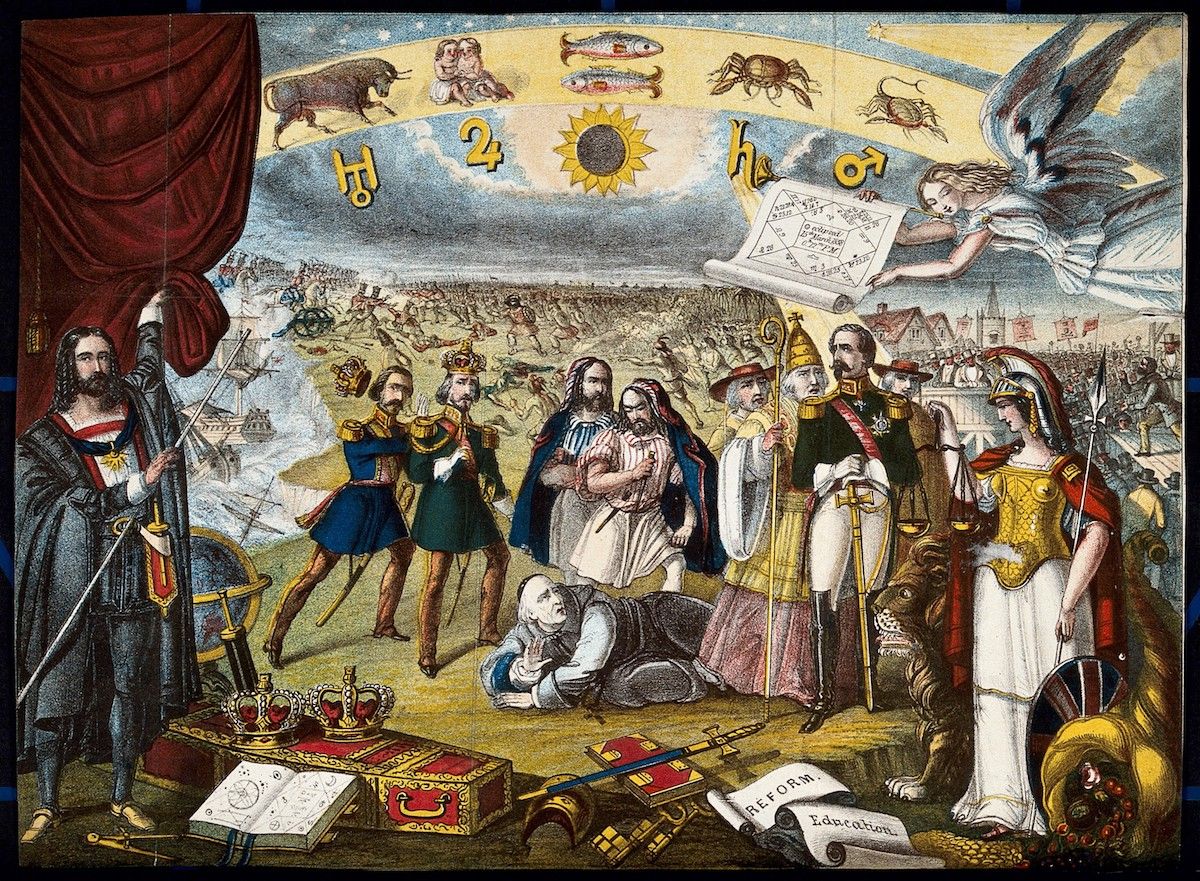 A detailed, colorful, and allegorical print depicting a group of figures gathered on a battlefield, with celestial symbols and animals in the sky.