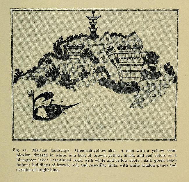 Vintage illustration of a Martian landscape with a man in a boat on a blue-green lake.
