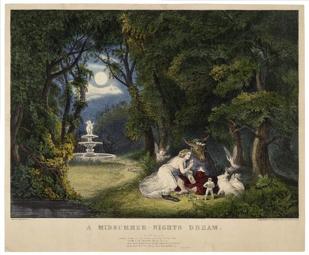 A vintage lithograph titled "A Midsummer Night's Dream" depicting a fantastical forest scene with characters from Shakespeare's play.