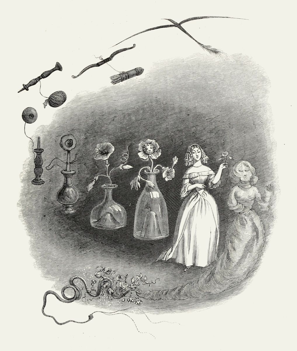 Vintage black and white engraving of a woman and girl surrounded by flowers, vases, and other objects in a hazy, dreamlike atmosphere.