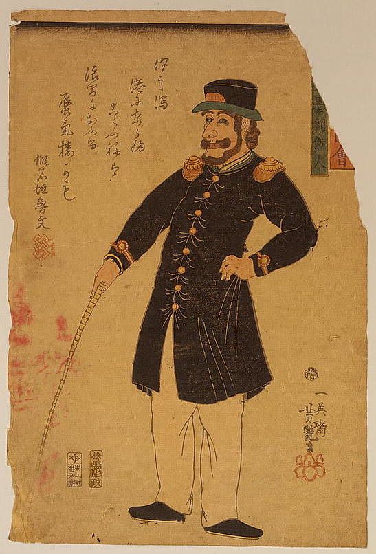 Vintage woodblock print of a European man in military attire.