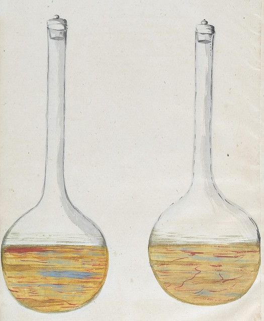 Watercolor painting of two round-bottomed flasks filled with a swirling mixture of yellow, orange, and red liquid.