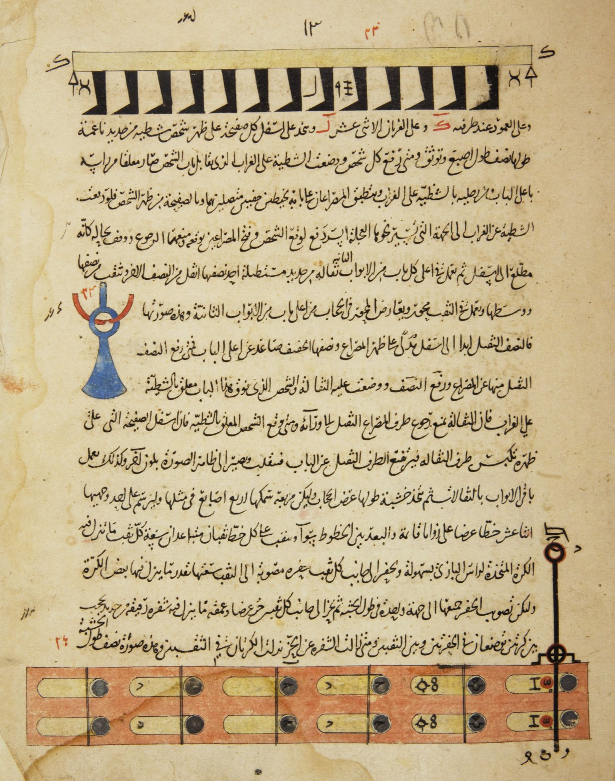 A page from an old manuscript with Arabic script and a colorful illumination of a figure in a blue robe and red hat.