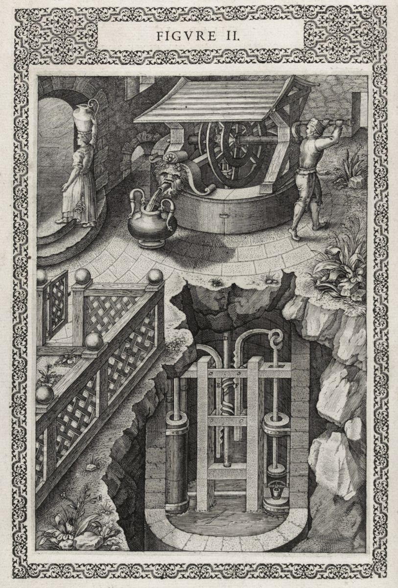 A detailed black and white engraving of a complex water-lifting machine with two figures operating it, set within a deep arched structure.