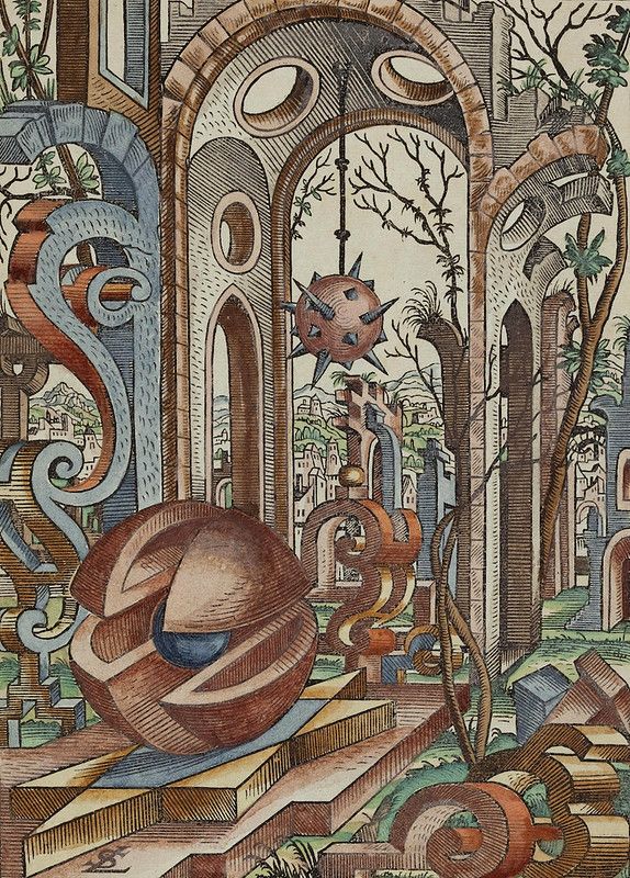 A detailed, fantastical illustration of a surreal architectural landscape with a large sphere in the foreground and a distant cityscape visible through arches.