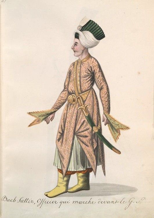 Watercolor painting of a man in Ottoman attire, holding wheat and a sword.