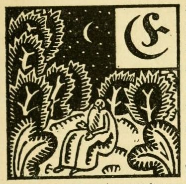 A black and white woodcut illustration of a person kneeling in a forest under a crescent moon, with a decorative letter 'S' in the upper right corner.