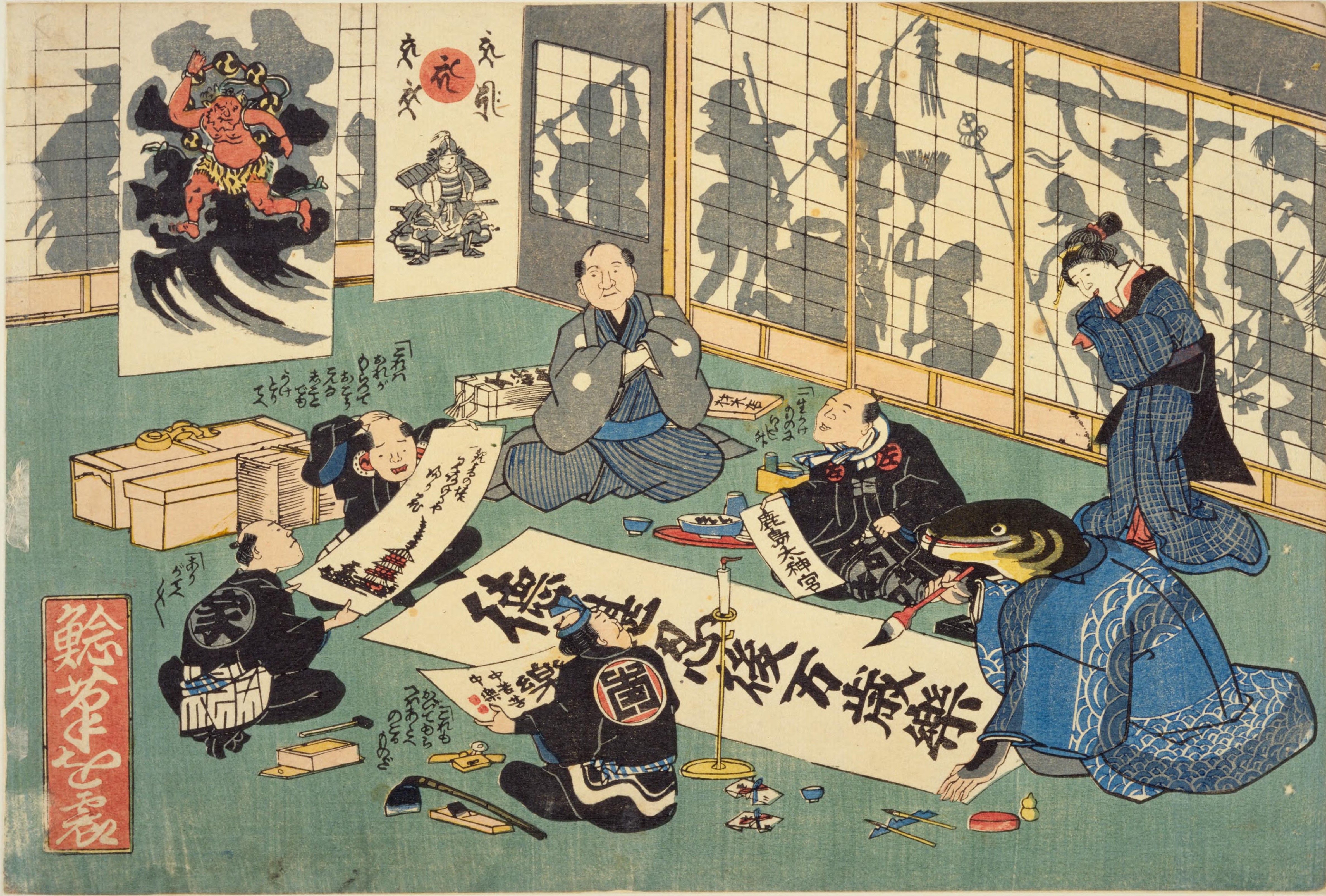A vibrant Japanese woodblock print depicting a scene of artistic creation and performance in a traditional Japanese room.