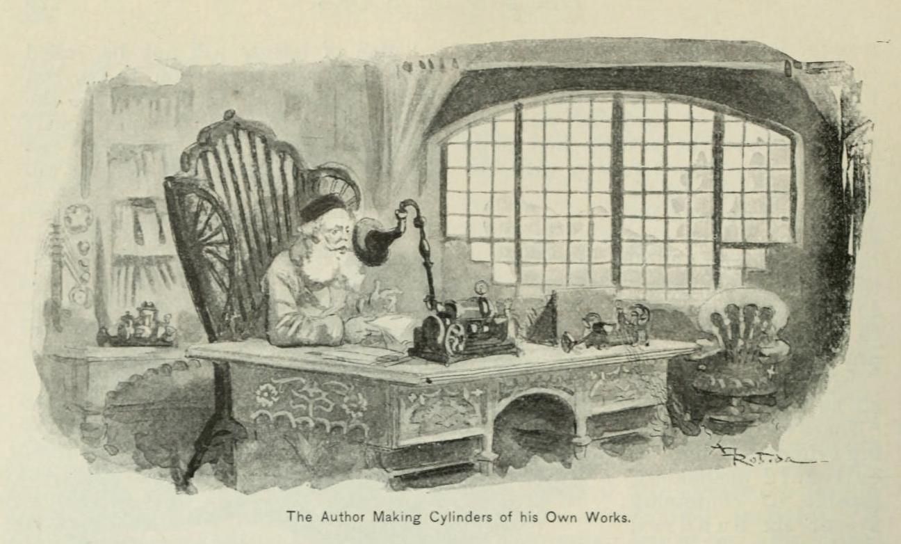 Vintage illustration of an elderly author operating a sound recording machine in a cozy study.