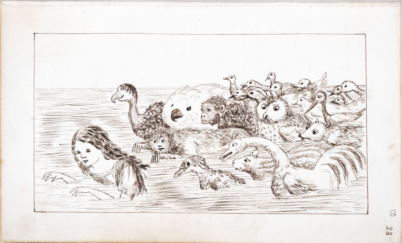 A black and white pen and ink drawing depicting a chaotic scene with a multitude of birds surrounding a child.