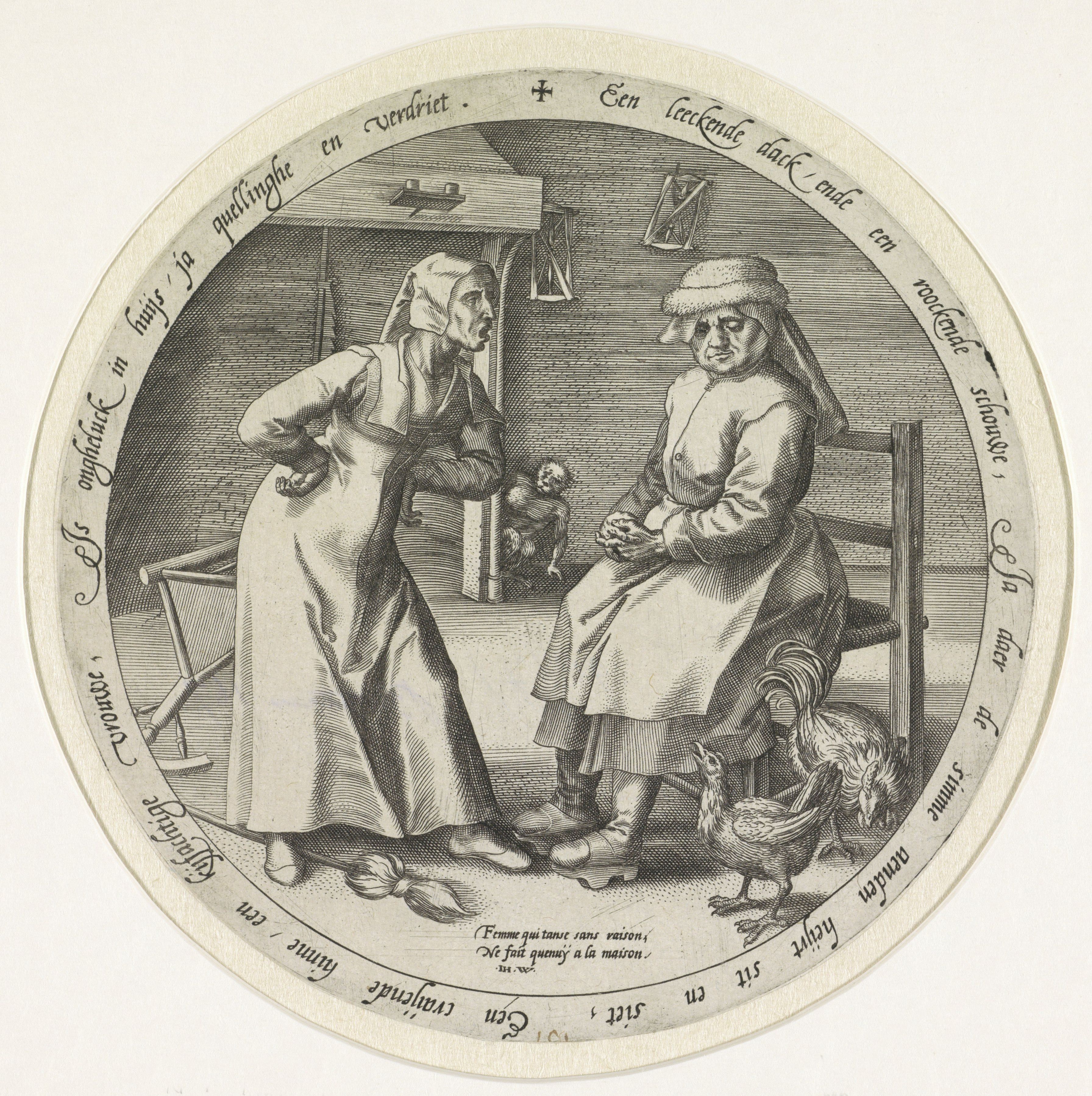 A black and white engraving depicting a woman spinning wool and a man seated in a chair, with text in a circular border.