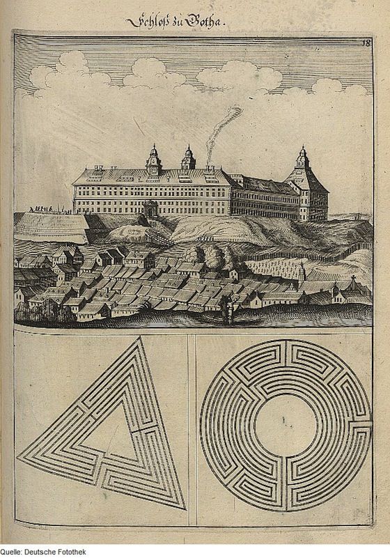 A vintage black and white engraving depicting a townscape with two mazes at the bottom.