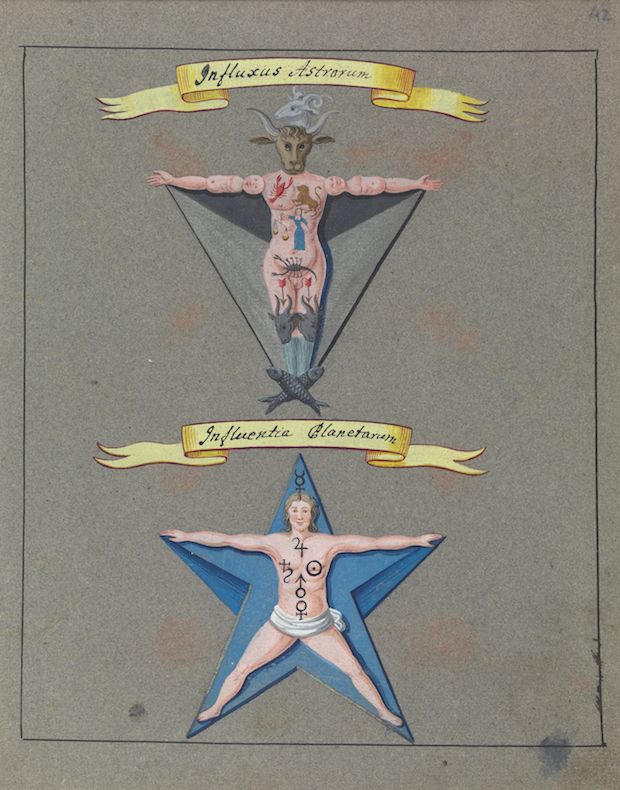 A vintage illustration depicting two nude human figures with animal heads, adorned with symbols and positioned within geometric shapes. The top figure has a goat's head and is within a cruciform shape, while the bottom figure has a crown and is within a five-pointed star. Banners with Latin text are positioned above each figure.