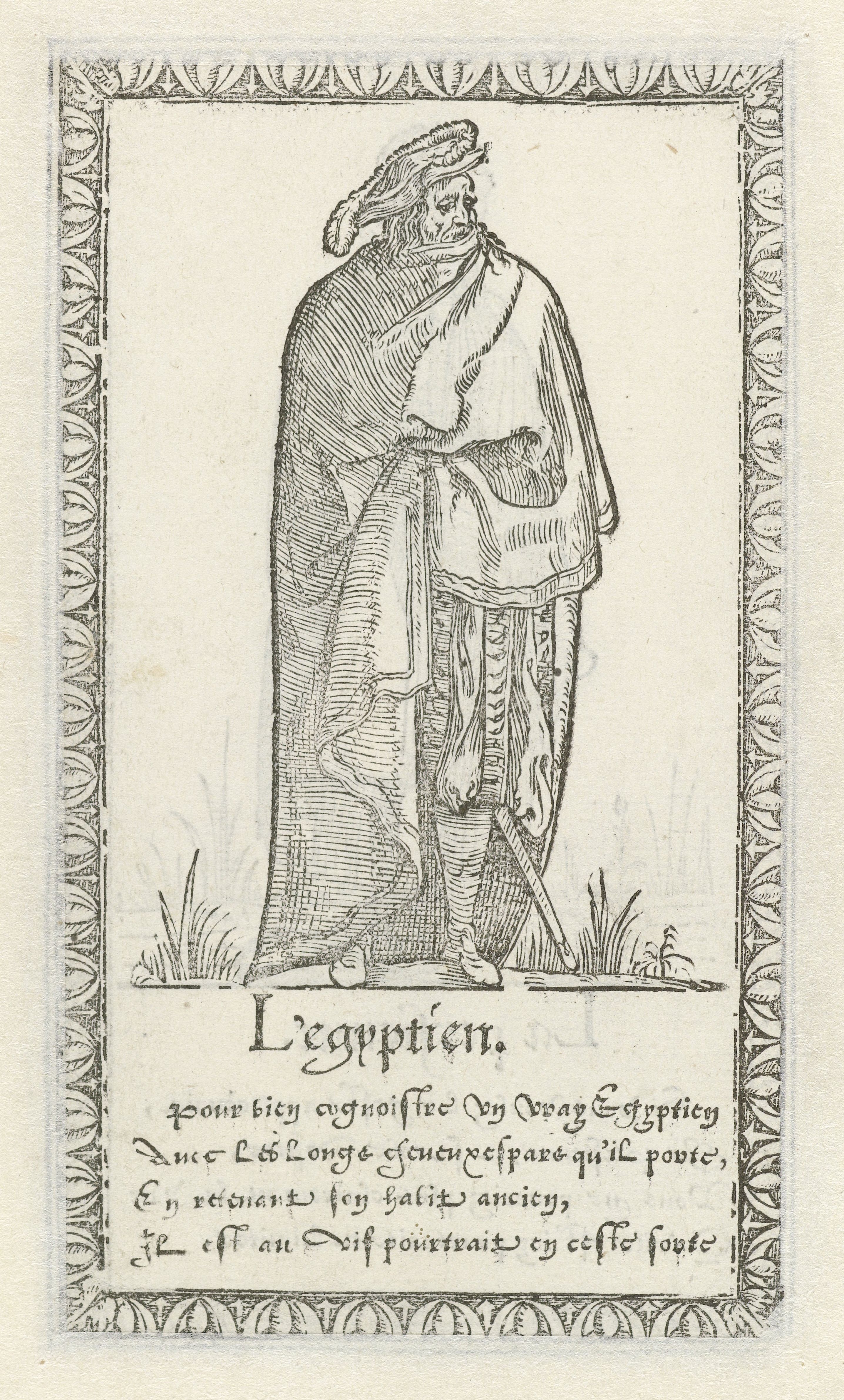 A black and white engraving of an Egyptian figure in profile, wearing a long robe and headdress, standing on a ground line with grass. The image is framed by an ornate border, and there is text below the figure.