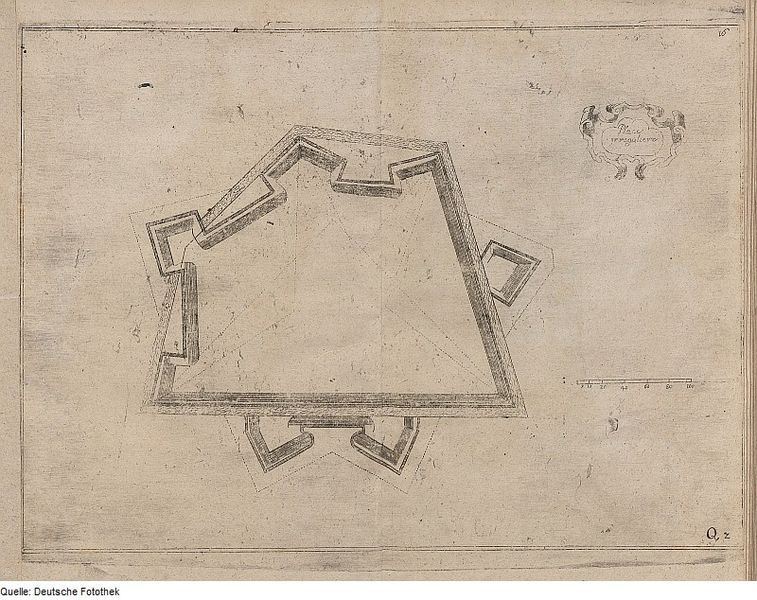 A vintage sketch of a fortress with protruding bastions, including a scale and text.