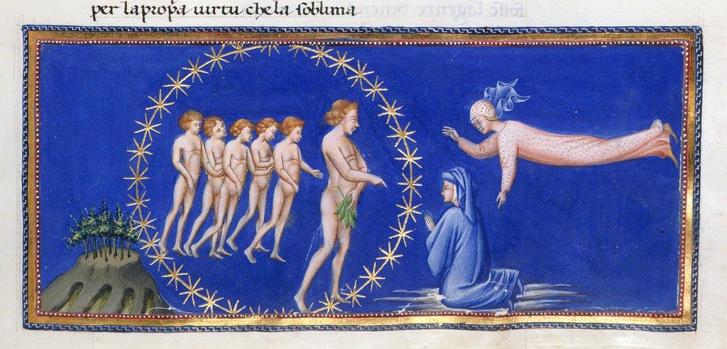 Medieval manuscript illumination depicting a line of nude boys walking towards a man, with a kneeling woman and a winged horse-like creature in the background.