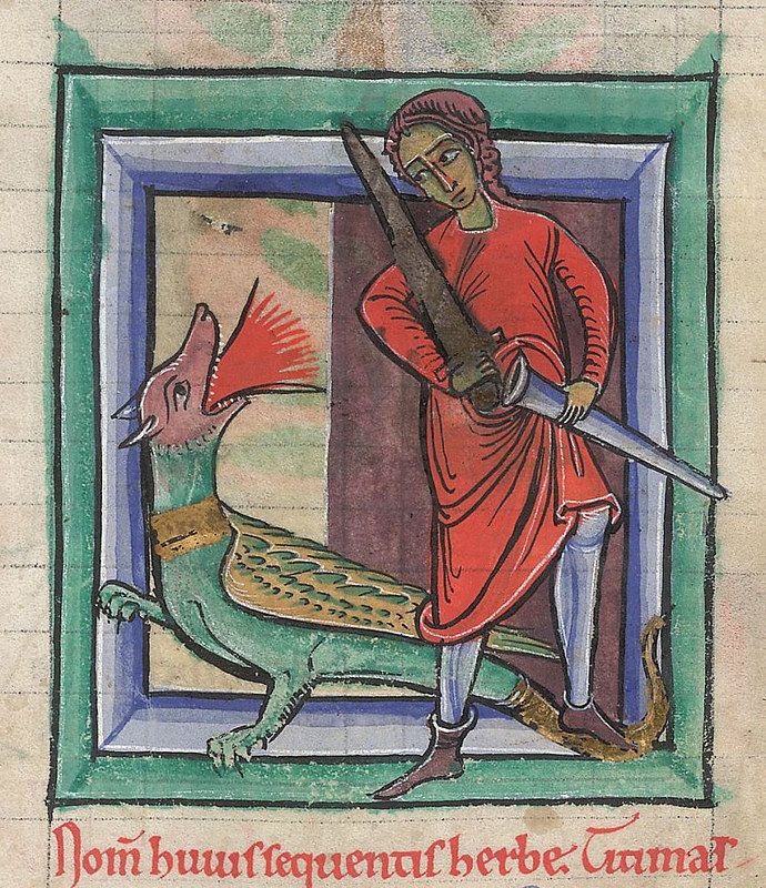 Medieval manuscript illumination of a knight battling a dragon.