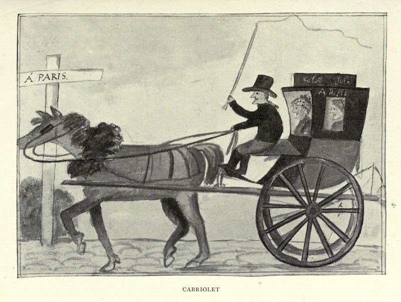 Vintage illustration of a cabriolet, a horse-drawn carriage, with a driver and a signpost indicating the direction to Paris.