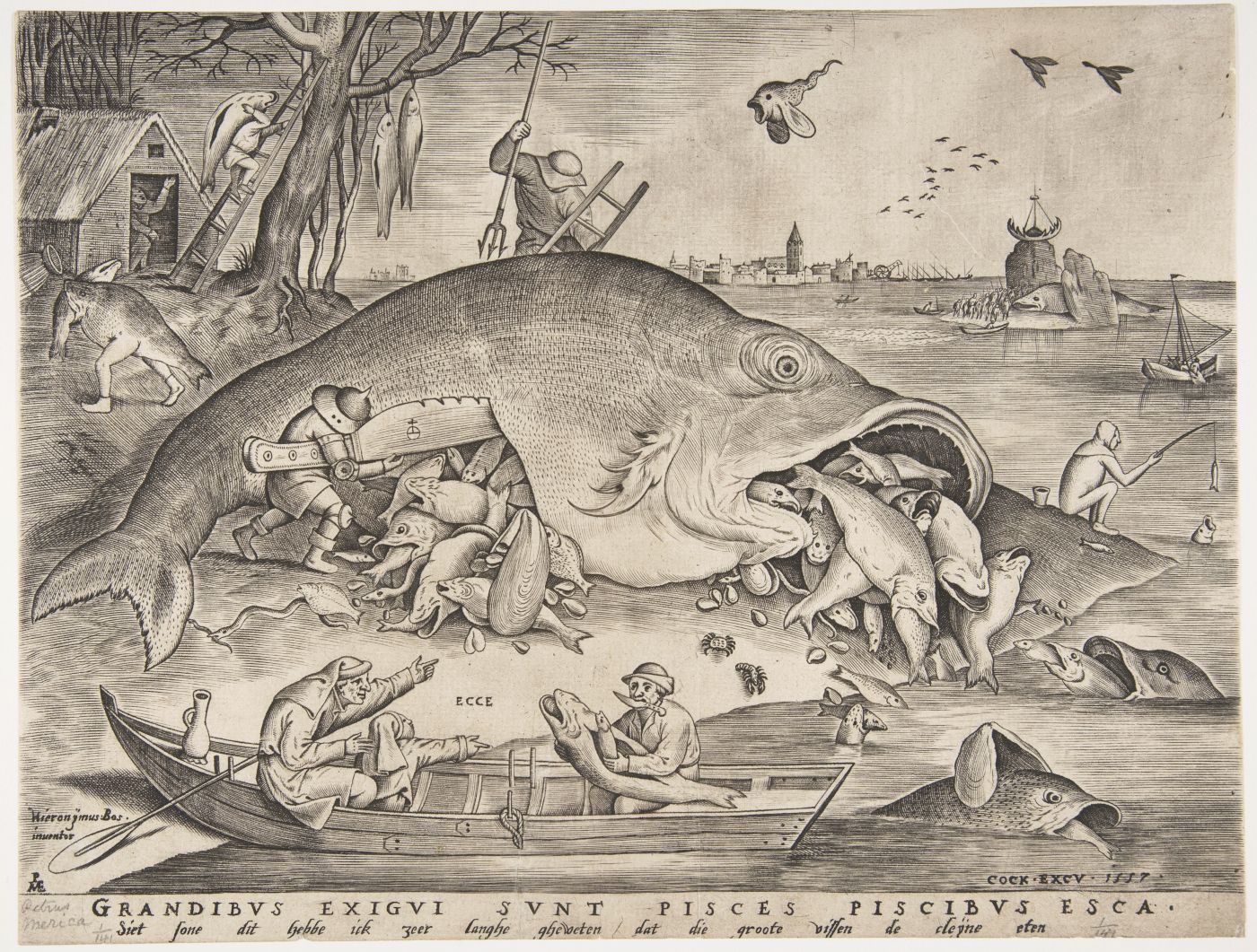 A detailed black and white engraving depicting a massive fish with a miniature town inside, surrounded by people in boats attempting to catch it.