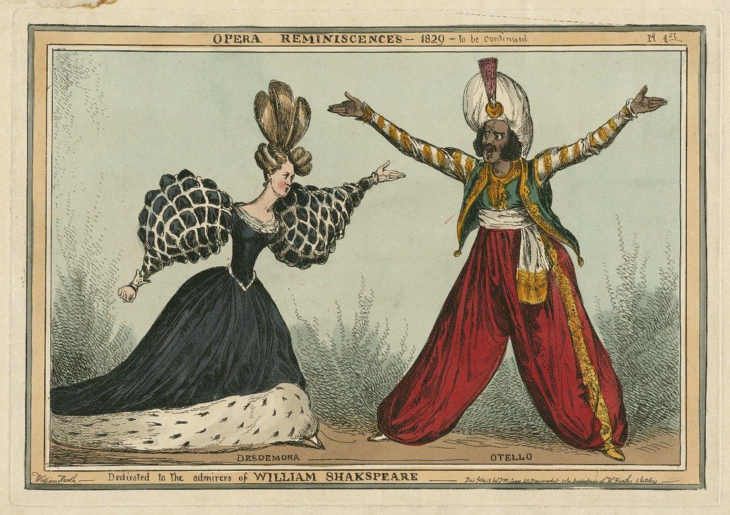 A hand-colored etching titled 'Opera Reminiscences - 1829 - to be continued'. It depicts two characters from Shakespeare's 'Othello': Desdemona and Othello.