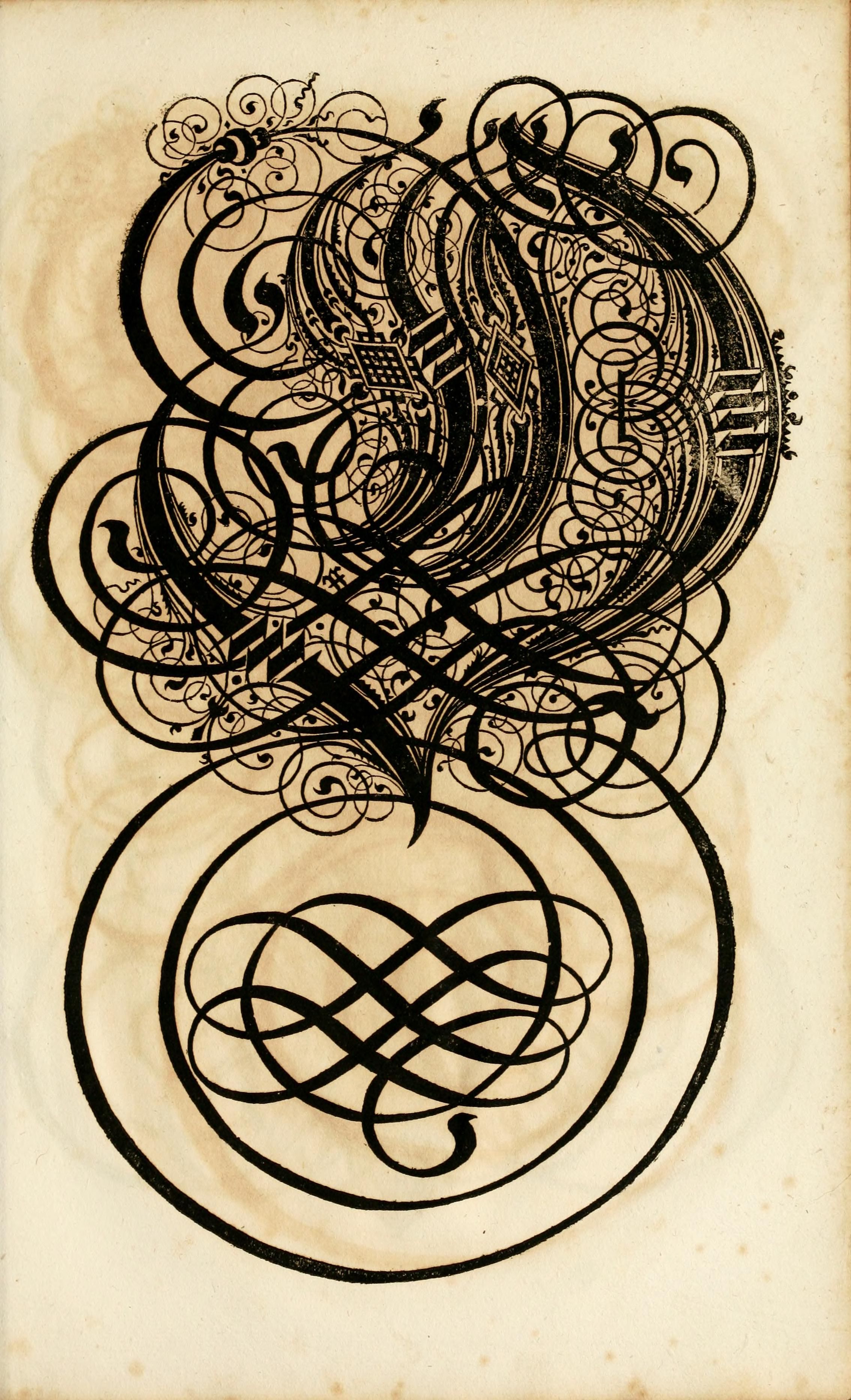 Vintage calligraphy illustration with an ornate letter and intricate designs on aged paper.