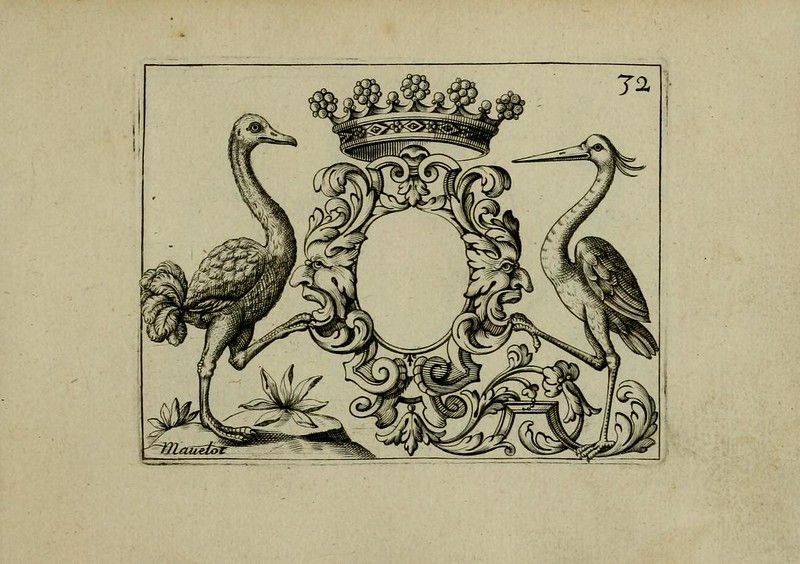 A vintage black and white engraving featuring an ornate frame flanked by an ostrich and a heron. The number '32' is in the upper right corner and the word 'Mauelot' is at the bottom.