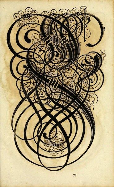 A detailed black ink illustration of an ornate letter with intricate scrollwork and geometric patterns on aged paper.