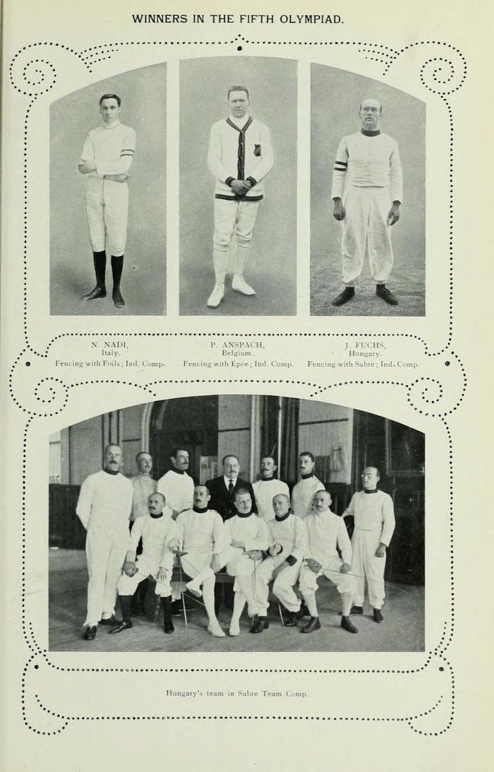 Black and white photograph from the Fifth Olympiad, featuring portraits of fencing winners N. Nadi, P. Anspach, and J. Fuchs, and a group photo of Hungary's sabre team.