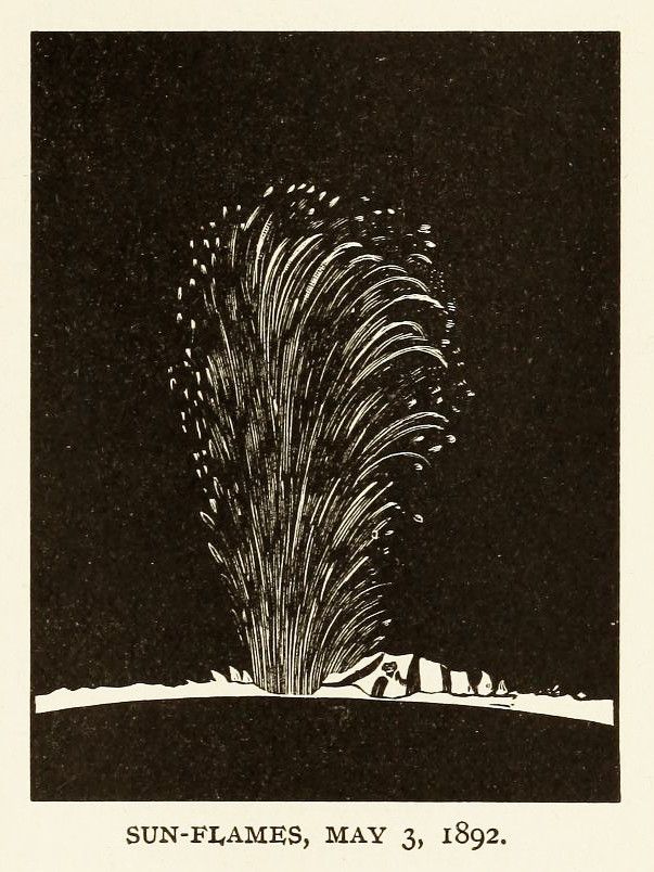 Vintage illustration of a firework display with radiating sparks and a silhouetted horizon, labeled 'SUN-FLAMES, MAY 3, 1892'.