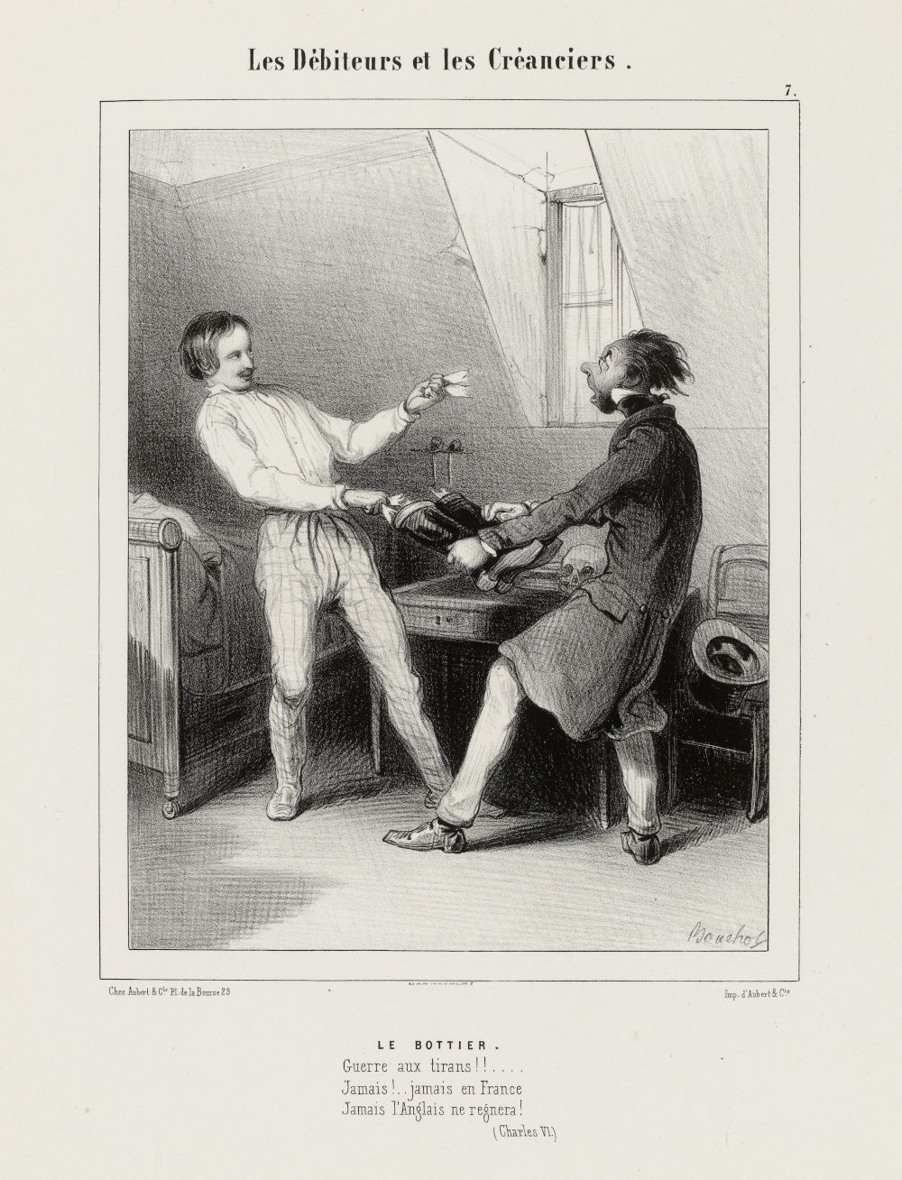 Black and white illustration of a debtor and creditors.
