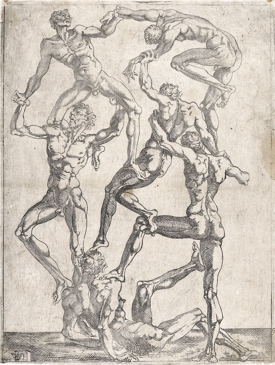 A black and white drawing of a pyramid of nude human figures in dynamic poses.