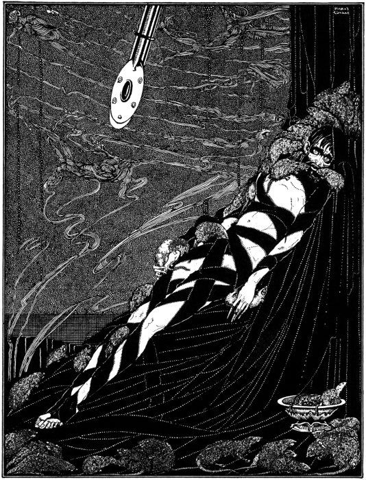 A black and white illustration of a reclining person surrounded by swirling patterns and a complex light fixture.